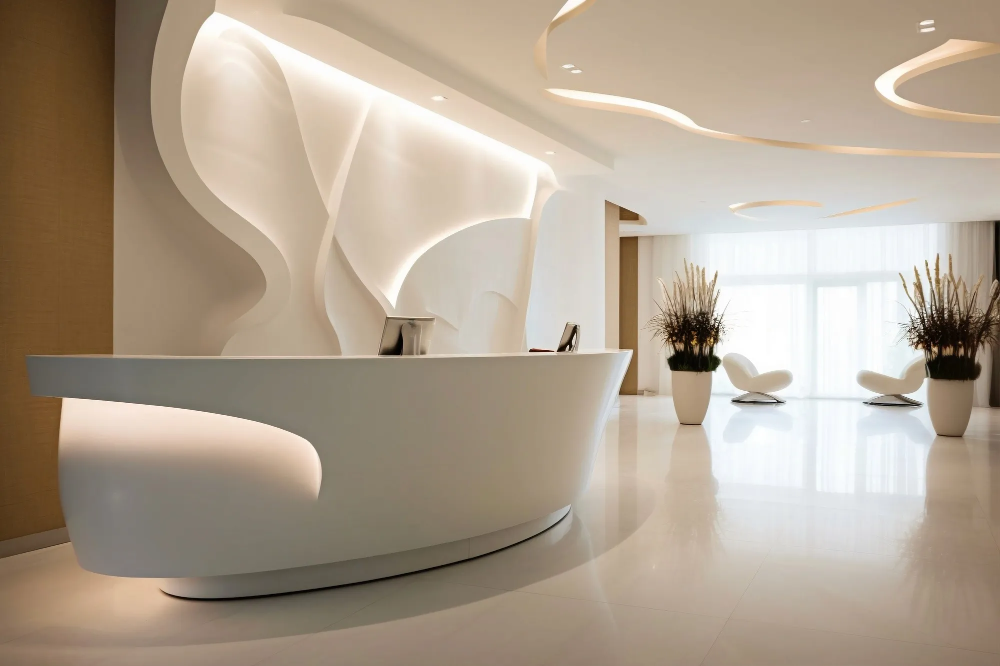 A bright, modern medical clinic reception in Seoul with a sculpted, softly lit front desk and lounge seating.