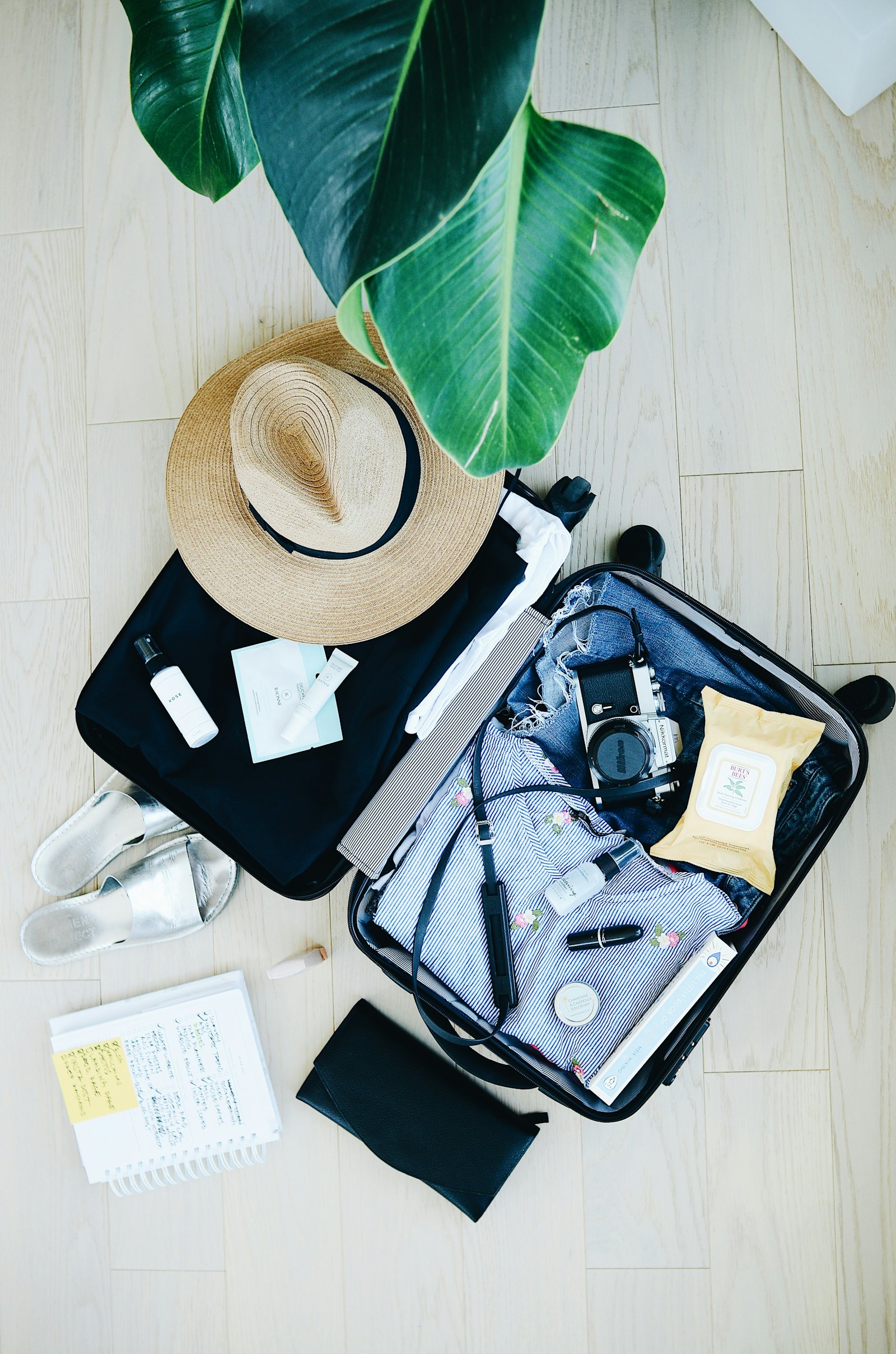 A passport and a packed suitcase